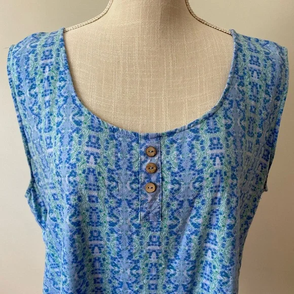 Linen Sleeveless Top Blue and Green Print - Picture 2 of 8